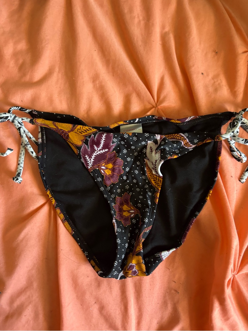 Xhilaration Black Floral Tie-Side Bikini Bottoms with Yellow and Purple Accents
